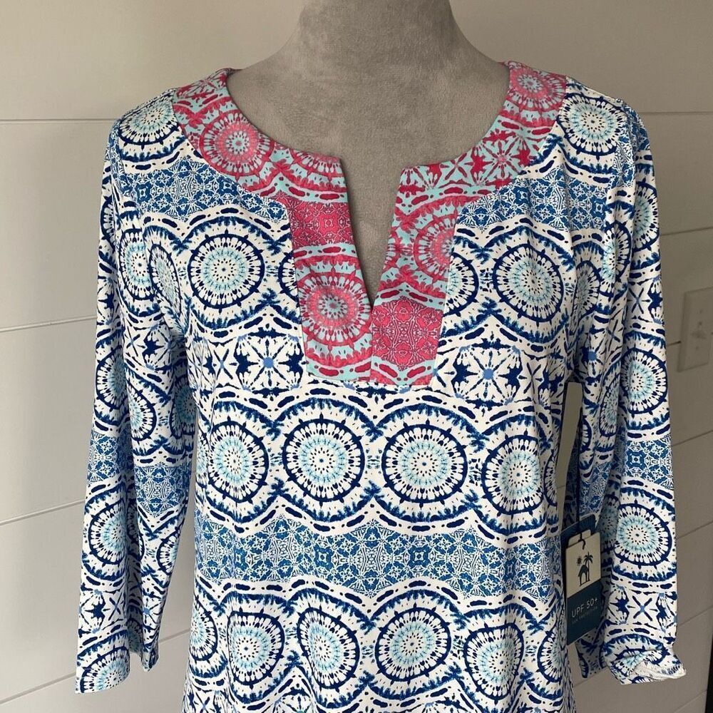 New with tags Caribbean Joe Blue & Pink Printed Midi Dress UPF 50t size lg
